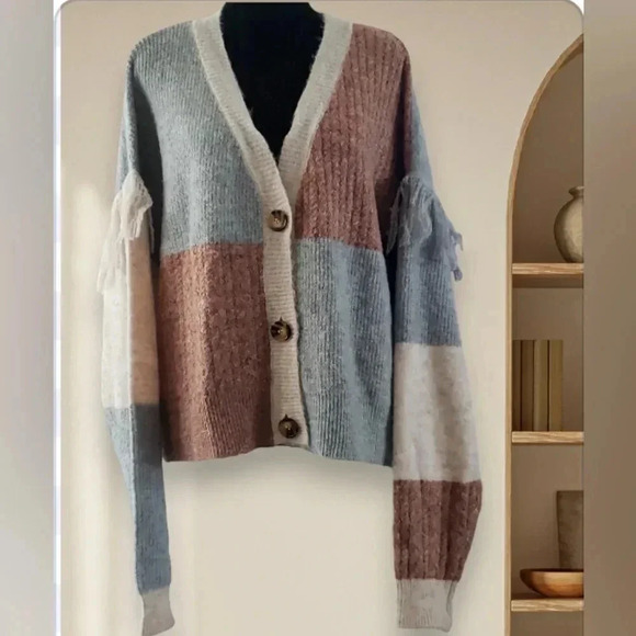 New Boho Knit Women XL Fringe Soft Stretch Colorblock Cardigan Sweater - Picture 2 of 8